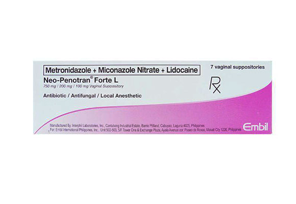 Buy Neo-penotran forte-l metronidazole / miconazole nitrate / lidocaine  750mg / 200mg / 100mg vaginal suppository 1's online with MedsGo. Price -  from